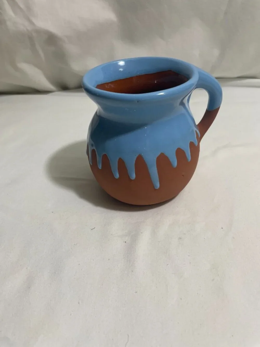 Blue Drip Glaze Pottery Creamer Pitcher Small Rustic Terracotta Milk Jug